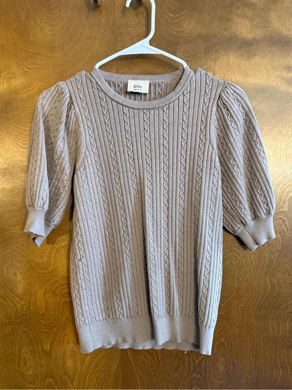 Elie Tahari Cable-Knit Puff Sleeve Crewneck Sweater - Taupe